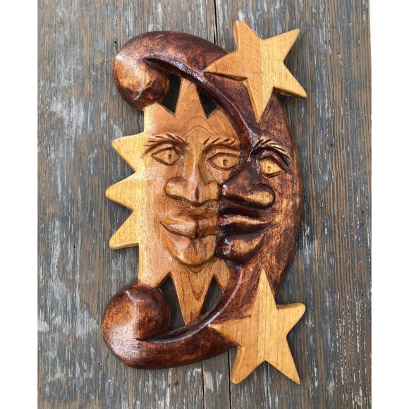 Handcarved Wooden Celestial Sun Moon Stars Wall Hanging Plaque Sculpture - Picture 1 of 6